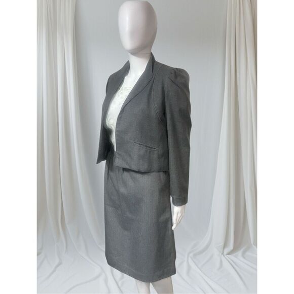 Mizz Lizz Vintage Two Piece Gray Stripe Detail Puff Long Sleeves Knee Length Sui - Picture 1 of 11